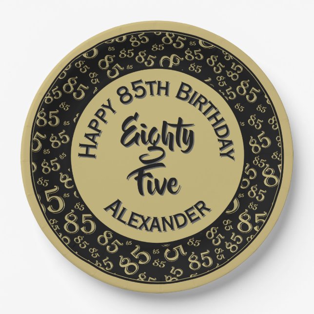 85th Birthday Random Number Pattern Gold/Black Paper Plates (Front)