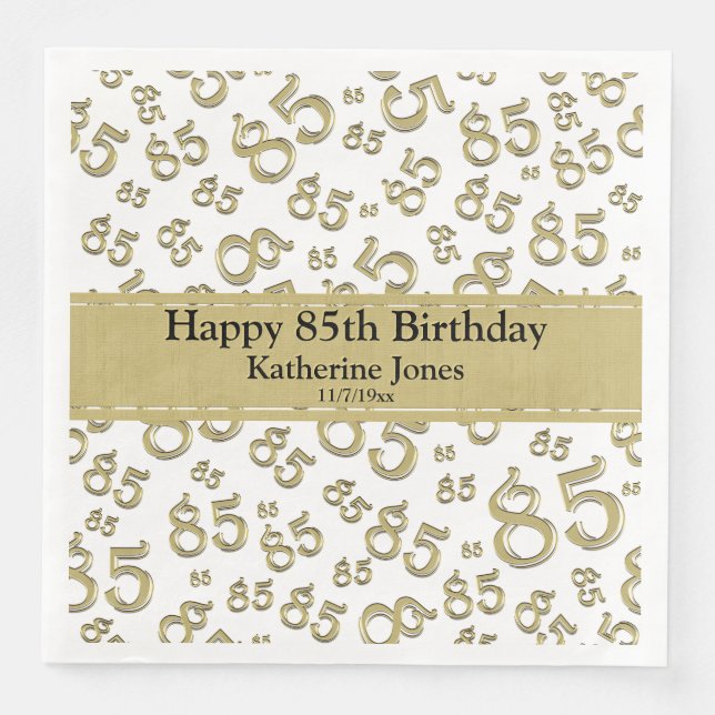 85th Birthday Random Number Pattern Gold/White Paper Dinner Napkins (Front)