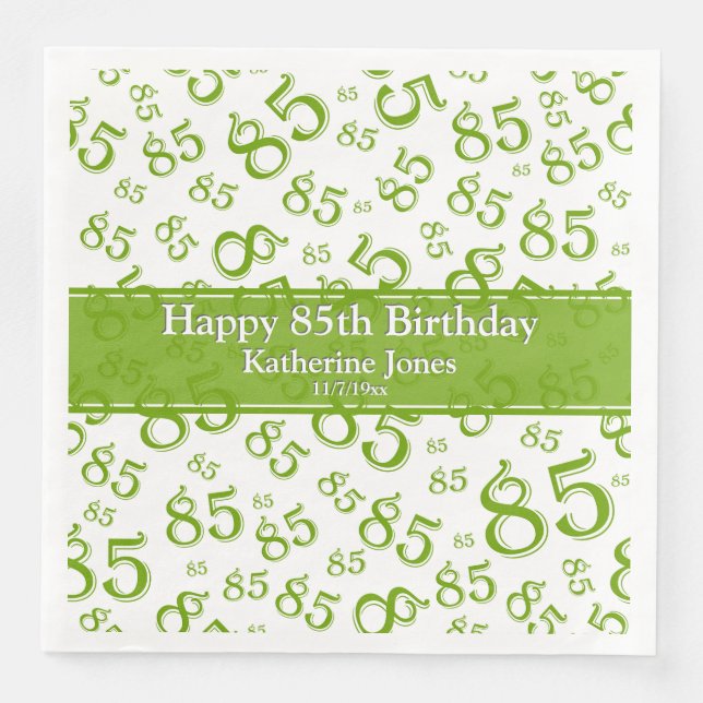 85th Birthday Random Number Pattern Green/White Paper Dinner Napkins (Front)