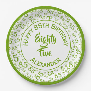 85th Birthday Random Number Pattern Green/White Paper Plates