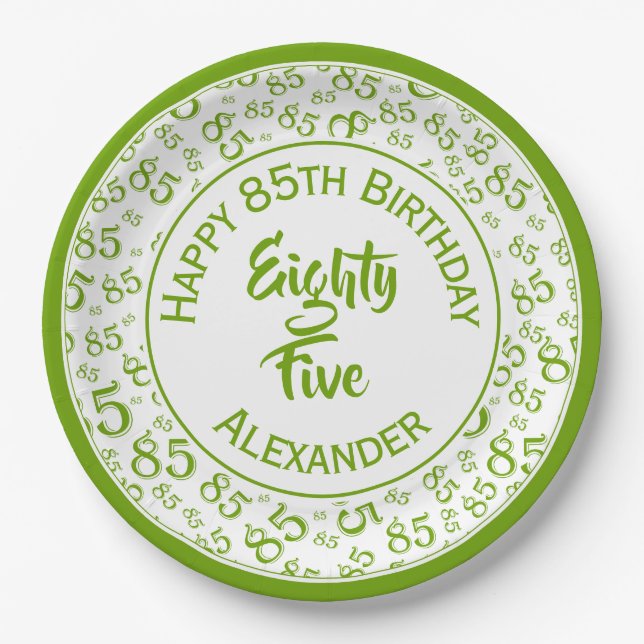 85th Birthday Random Number Pattern Green/White Paper Plates (Front)