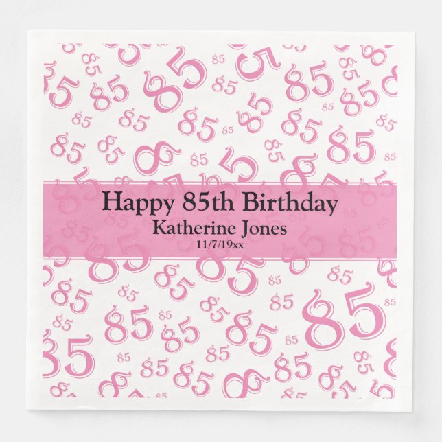 85th Birthday Random Number Pattern Pink/White Paper Dinner Napkins (Front)