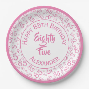 85th Birthday Random Number Pattern Pink/White Paper Plates