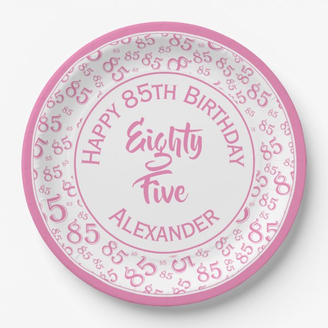 85th Birthday Random Number Pattern Pink/White Paper Plates (Front)