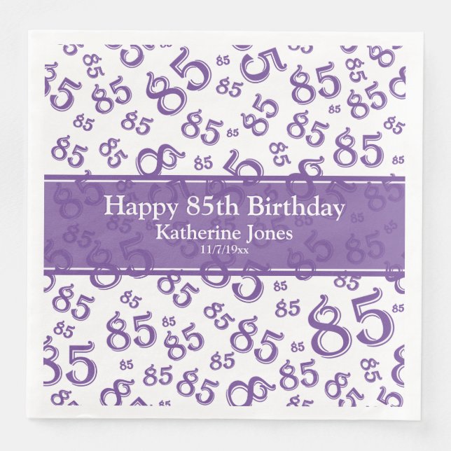 85th Birthday Random Number Pattern Purple/White Paper Dinner Napkins (Front)