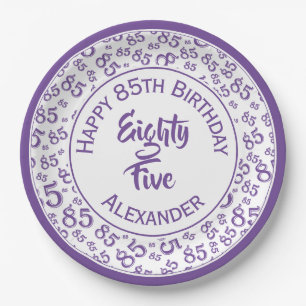 85th Birthday Random Number Pattern Purple/White Paper Plates