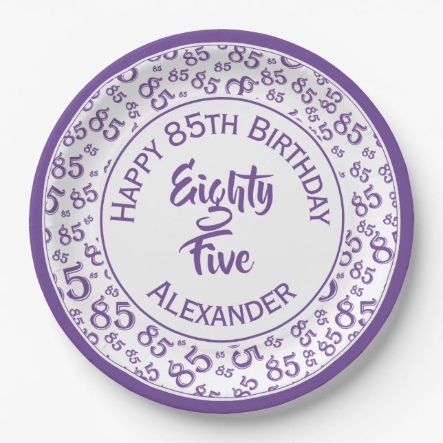 85th Birthday Random Number Pattern Purple/White Paper Plates (Front)