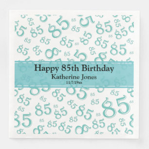 85th Birthday Random Number Pattern Teal/White Paper Dinner Napkins