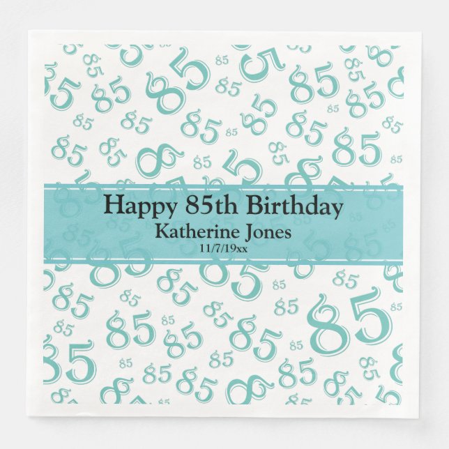 85th Birthday Random Number Pattern Teal/White Paper Dinner Napkins (Front)