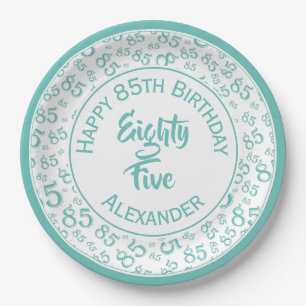 85th Birthday Random Number Pattern Teal/White Paper Plates