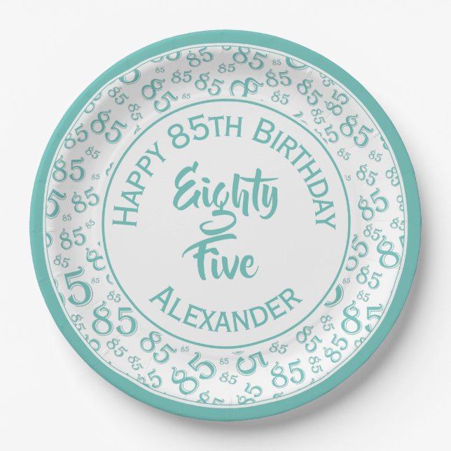 85th Birthday Random Number Pattern Teal/White Paper Plates (Front)