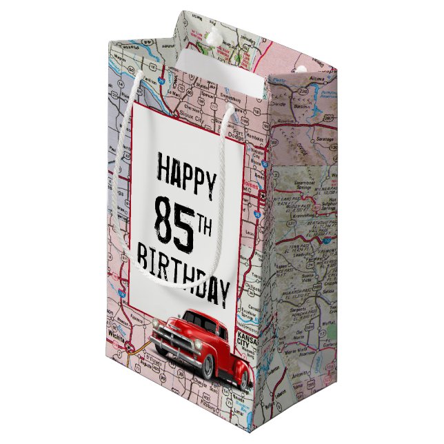 85th Birthday Red Retro Truck on Map Small Gift Bag (Front Angled)