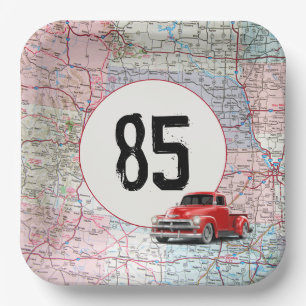 85th Birthday Red Retro Truck on Road Map Paper Plates