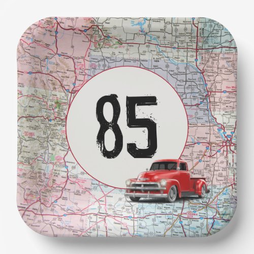 85th Birthday Red Retro Truck on Road Map   Paper Plates