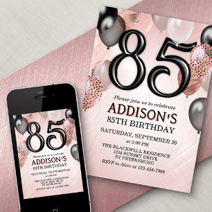 85th Birthday Rose Gold Balloons Invitation