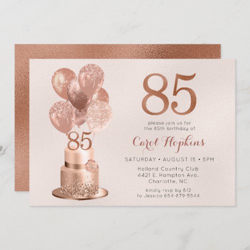 85th Birthday Rose Gold Cake Invitation