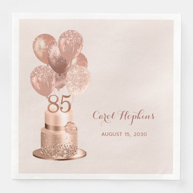 85th Birthday Rose Gold Cake Paper Dinner Napkins (Front)