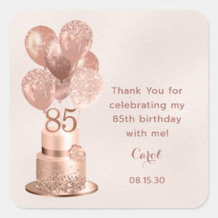 85th Birthday Rose Gold Cake Thank You Square Sticker