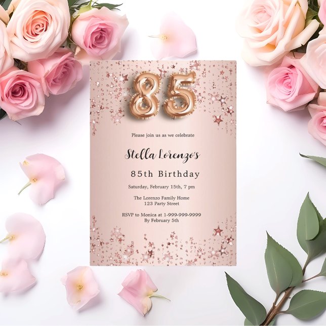 85th birthday rose gold pink stars invitation (Creator Uploaded)