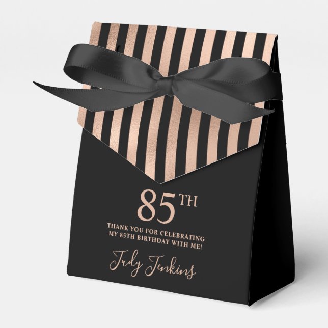 85th Birthday Rose Gold Striped Thank You Favor Boxes (Front Side)
