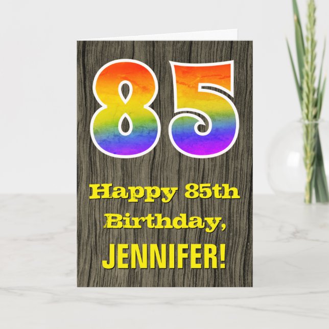 85th Birthday: Rustic Faux Wood Look, Rainbow "85" Card (Front)