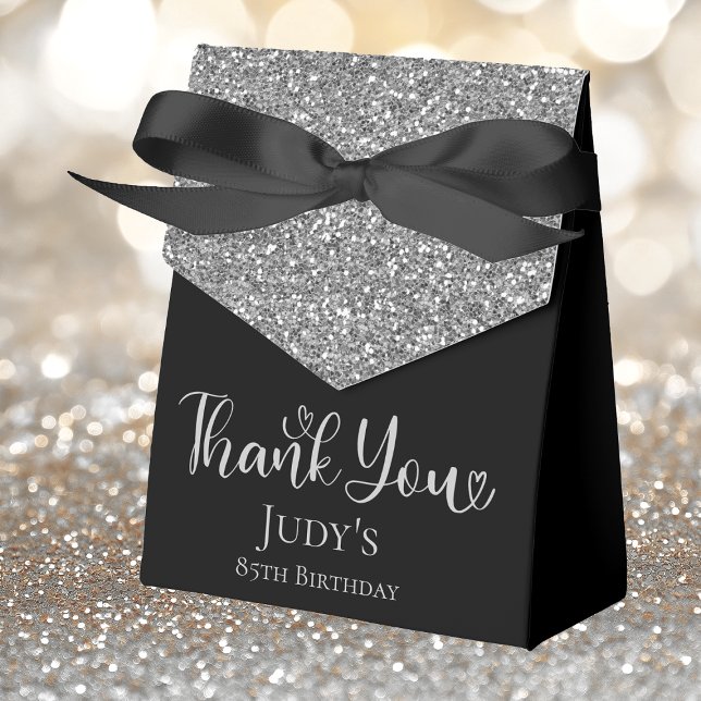 85th Birthday Silver Glitter Black Thank You Favor Boxes (Creator Uploaded)