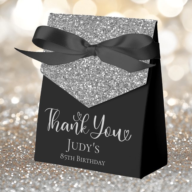 85th Birthday Silver Glitter Black Thank You Favor Boxes (Creator Uploaded)