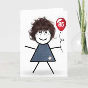 85th Birthday Stick Girl with Red Balloon Card