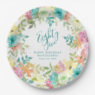 85th Birthday Summer Watercolor Floral Custom Paper Plates