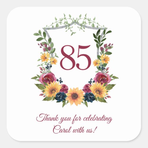 85th Birthday Sunflower Crest Thank You  Square Sticker