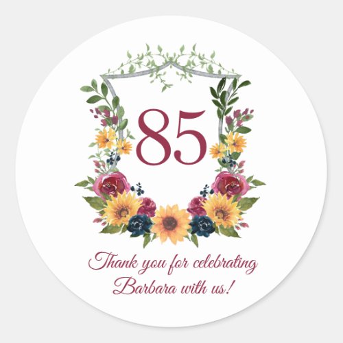 85th Birthday Sunflowers Floral Crest Thank You Classic Round Sticker