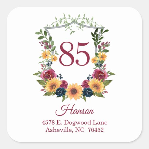 85th Birthday Sunflowers Return Address Square Sticker