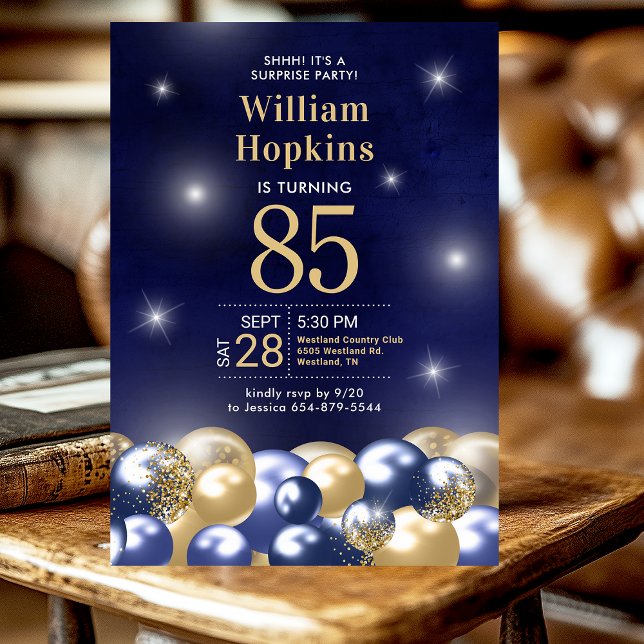 85th Birthday Surprise Navy Blue Gold Balloons Invitation (Creator Uploaded)