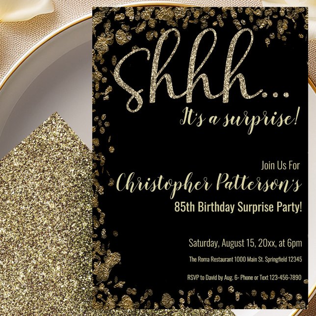 85th Birthday Surprise Party Invitation Gold Black (Creator Uploaded)