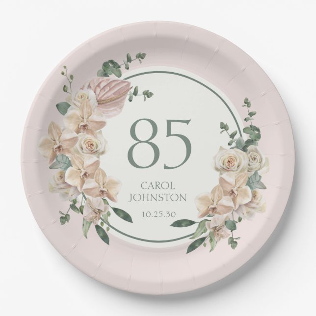 85th Birthday Tropical Floral Paper Plates (Front)
