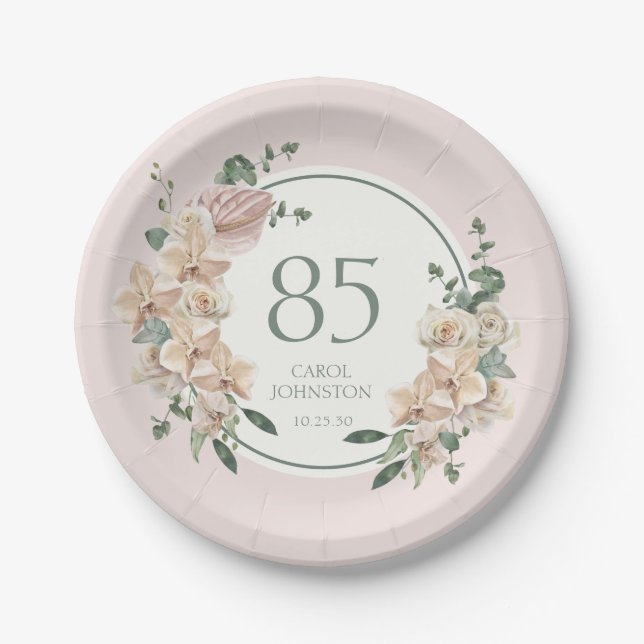 85th Birthday Tropical Floral Paper Plates (Front)