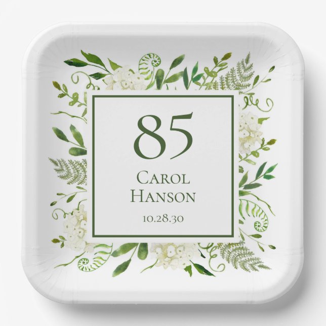 85th Birthday White Hydrangeas Paper Plates (Front)