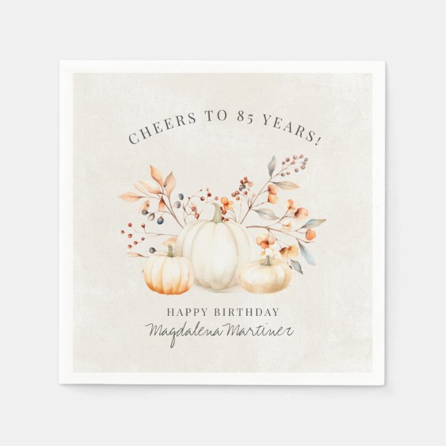 85th Birthday White Pumpkin Fall Leaves Custom Napkins (Front)