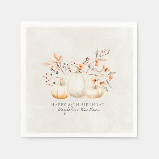 85th Birthday White Pumpkin Fall Leaves Custom Napkins (Front)