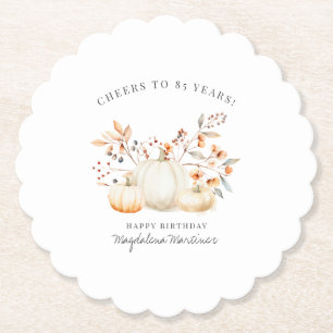 85th Birthday White Pumpkin Fall Leaves Custom Paper Coaster