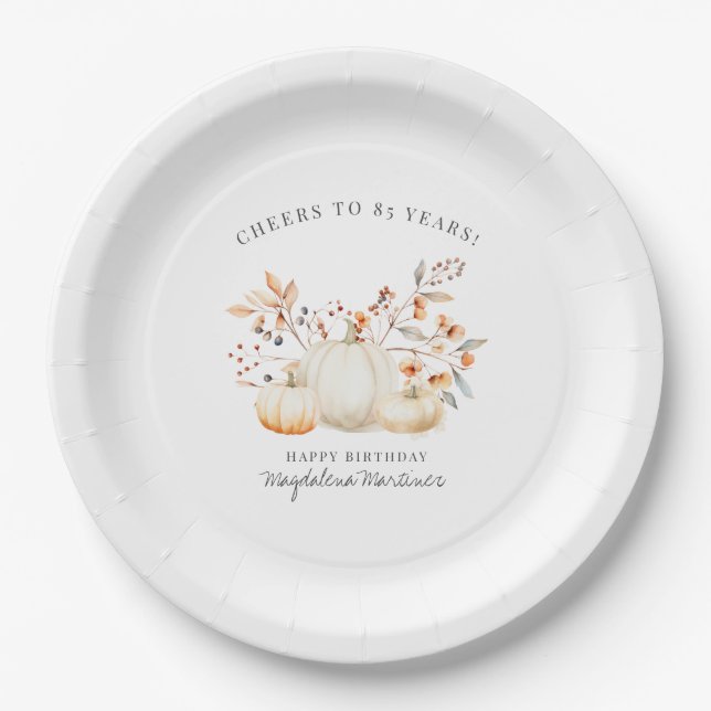 85th Birthday White Pumpkin Fall Leaves Custom Paper Plates (Front)
