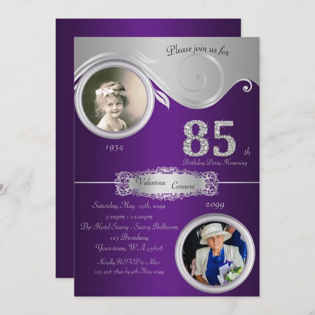 85th,Birthday Woman 85th,elegant art deco,purple V Invitation (Front/Back)