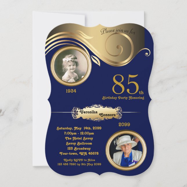 85th,Birthday Woman age, art deco,Navy gold Invitation (Front)