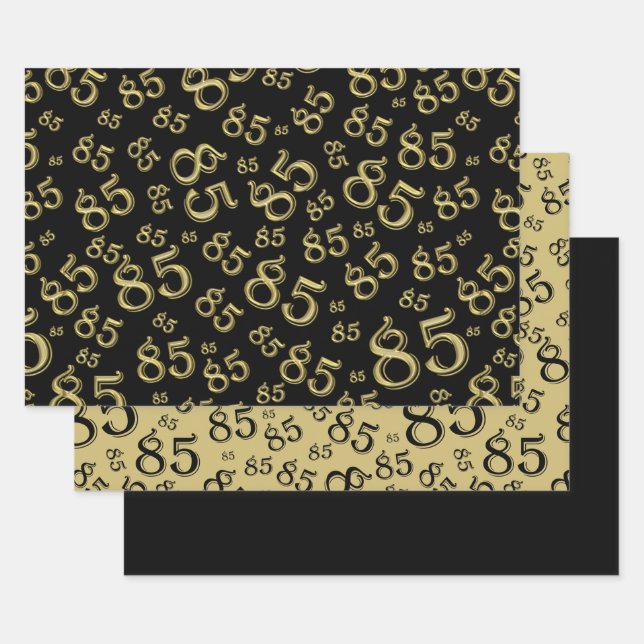 85th Milestone Birthday Black/Gold Number Pattern Wrapping Paper Sheets (Set)