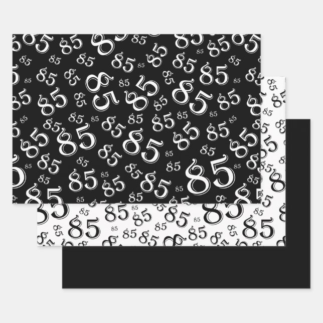 85th Milestone Birthday Black/White Number Pattern Wrapping Paper Sheets (Set)