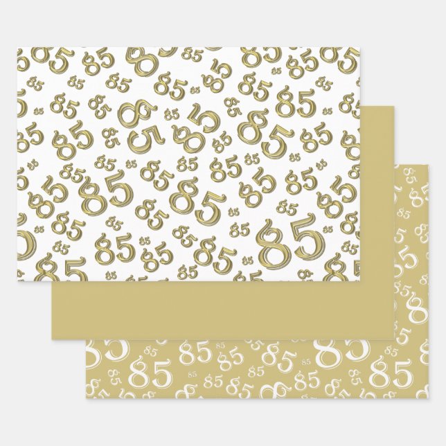 85th Milestone Birthday Gold/White Number Pattern Wrapping Paper Sheets (Set)
