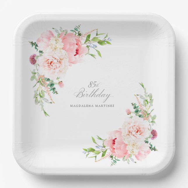 85th Party Pink Floral Custom Paper Plates (Front)