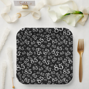 85th Party Random Number Pattern Black/White Paper Plates