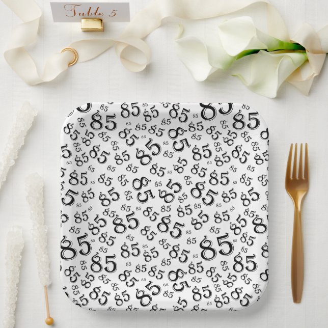 85th Party Random Number Pattern Black/White Paper Plates (Wedding)