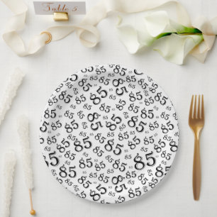 85th Party Random Number Pattern Black/White Paper Plates